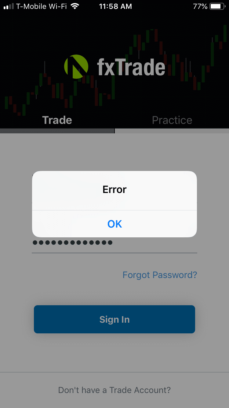 A screenshot of OANDA's fxTrade mobile app on iOS