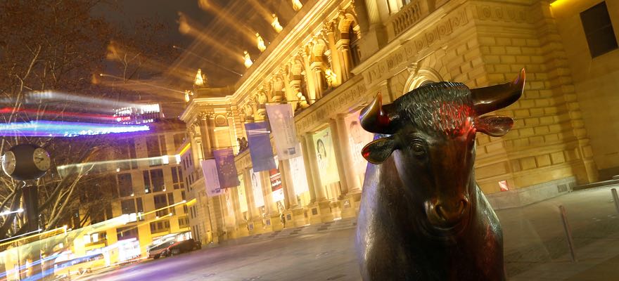 The bull, symbol for successful trading, is seen in front of the German stock exchange (Deutsche Boerse) in Frankfurt