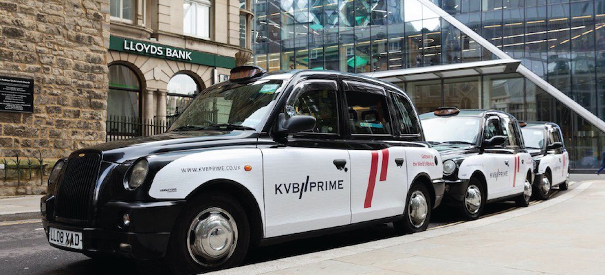 hackney carriage cartoon London skyline KVB PRIME printed taxi black white black cab monochrome sponsor 