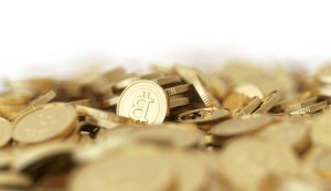 Golden Bitcoin digital currency background with DOF